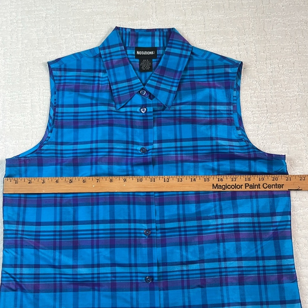Notations silk blue purple plaid sleeveless collared button down blouse L - Picture 5 of 6